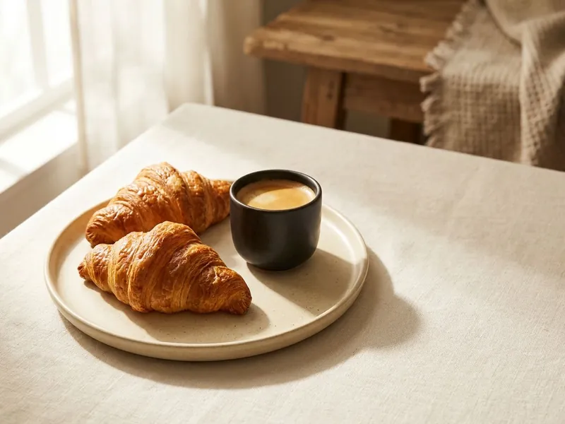 Two croissants and a small coffee on a cream plate in morning light