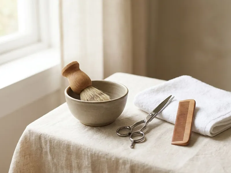 A shaving brush in a ceramic bowl, steel scissors, a wooden comb and a folded white towel