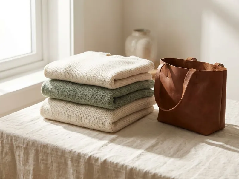 Folded knit sweaters in cream and sage beside a brown leather tote