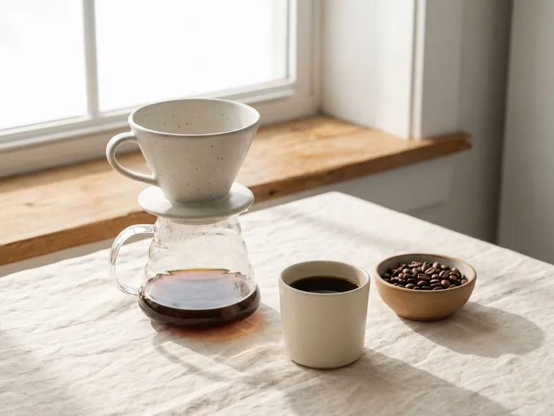 A pour-over coffee dripper on a glass carafe beside a cup of black coffee and a bowl of beans