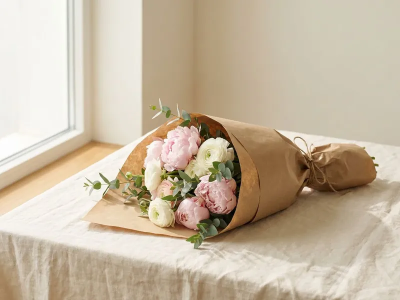 Pale pink peonies, white ranunculus and eucalyptus wrapped in kraft paper