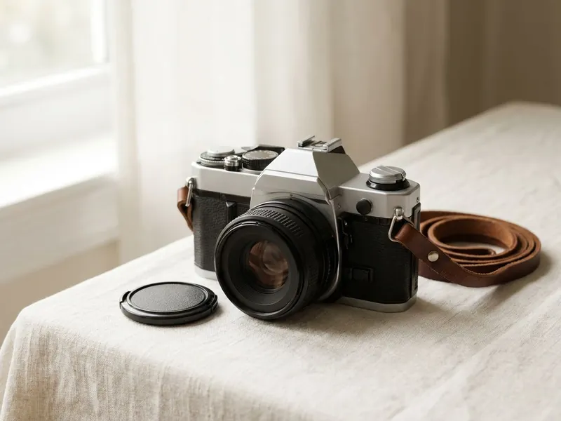 A silver and black film camera with a brown leather strap, beside its lens cap