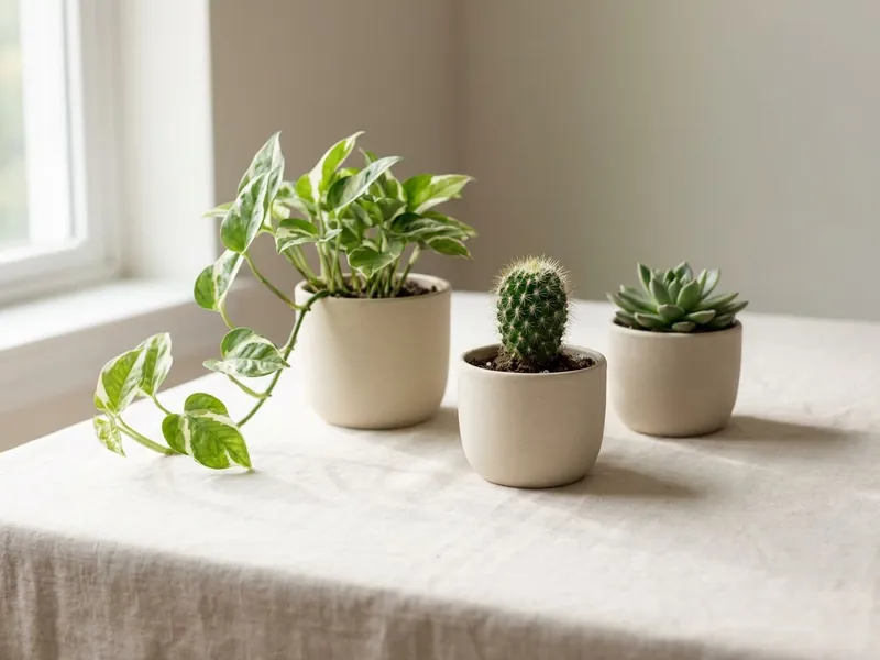 A trailing pothos, a small cactus and a succulent in cream pots