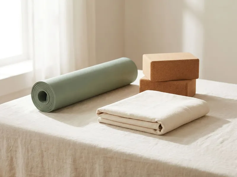 A rolled sage-green yoga mat, two cork blocks and a folded cream blanket