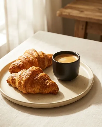 Two croissants and a coffee on a plate