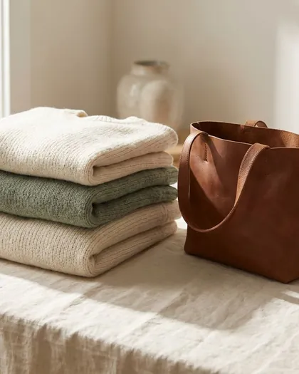 Folded sweaters and a leather tote