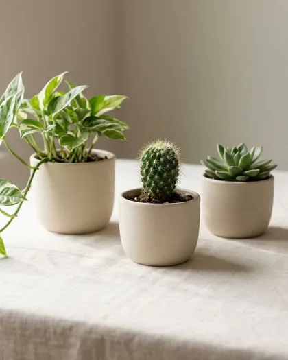 Three small plants in cream pots